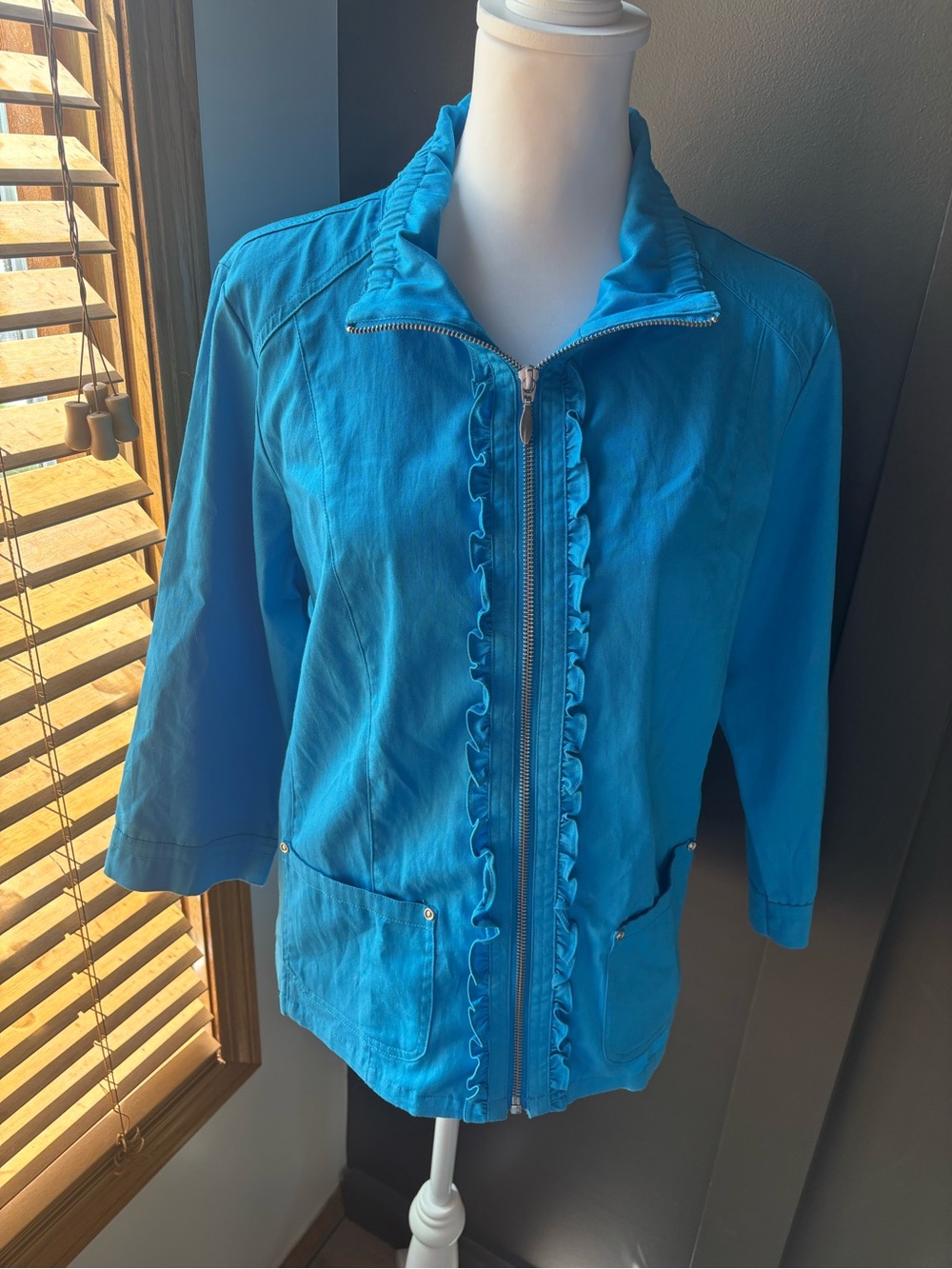 Christopher & Banks Turquoise Ruffle Zip Jacket Utility Cinched Waist M
